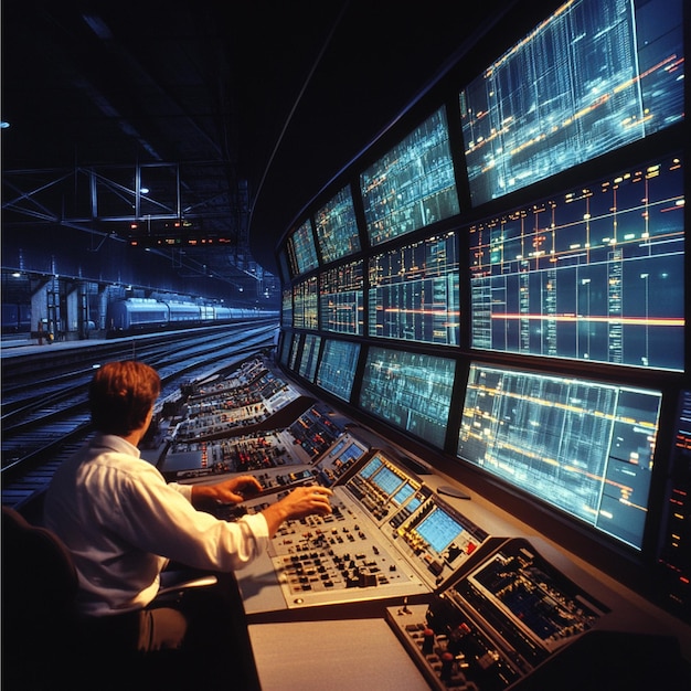 A railway control room with operators monitoring train movements on large screens