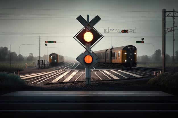 Railway crossing with traffic lights and barrier ready to stop cars