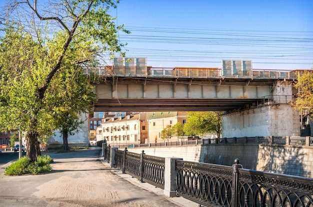 Railway overpass Semenovskaya embankment Yauza river Moscow