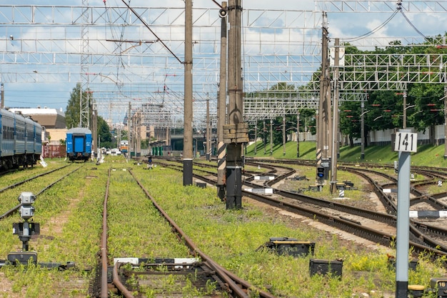 Railway and sleepers closeup A major railway interchange near the station for train traffic logistics between cities cargo transportation