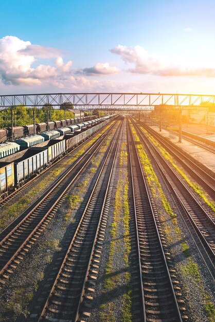 Railway station of freight trains from a height at sunset