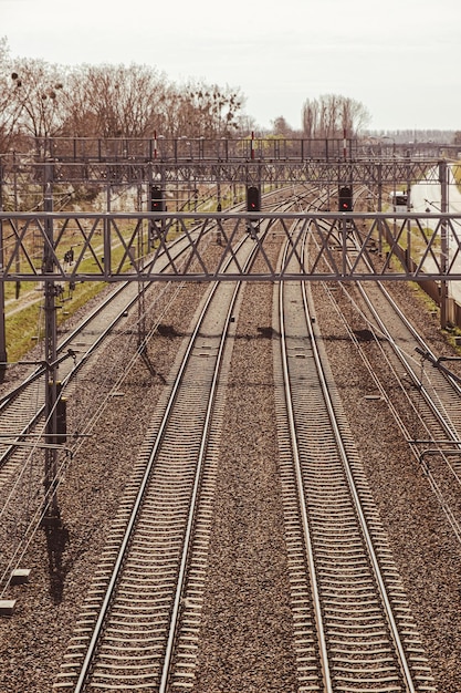 Railway station from above Reconstructed modern railway infrastructure The way forward railway for train Empty Railway track Transportation