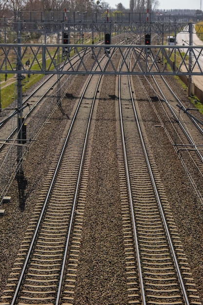 Railway station from above Reconstructed modern railway infrastructure The way forward railway for train Empty Railway track Transportation