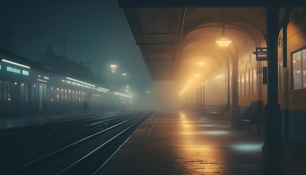 Railway station at night with motion blur effect Created Using Generative AI