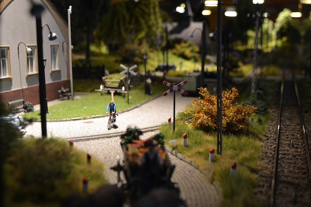 Railway station with train station, wagons and people in miniature. Wieliczka, Poland