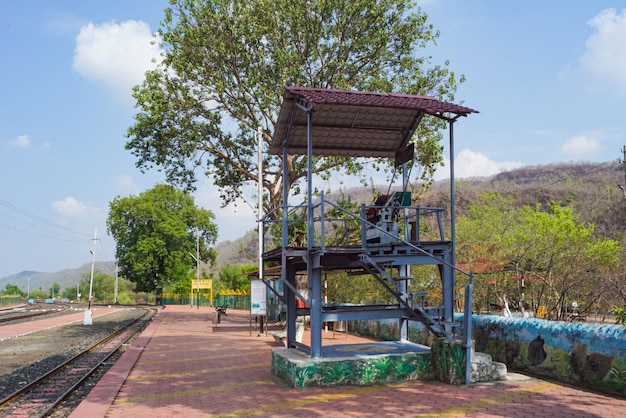 Railway track lever control tower at railway station platform of mountain village Kalakund MP