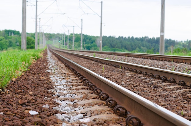 Railway track rails close up