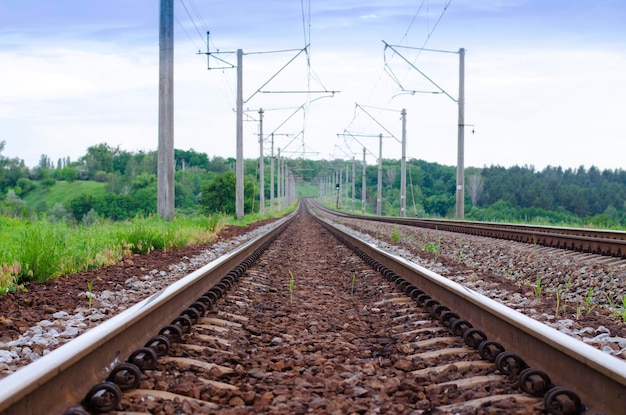 Railway track rails close up