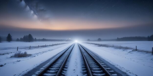 Photo railway tracks covered in snow stretching into a foggy distance under a starry night sky