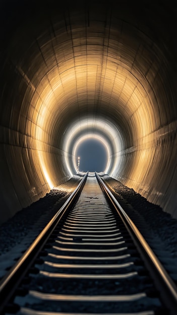 Railway tracks illuminated in a tunnel perspective view Transportation and infrastructure concept