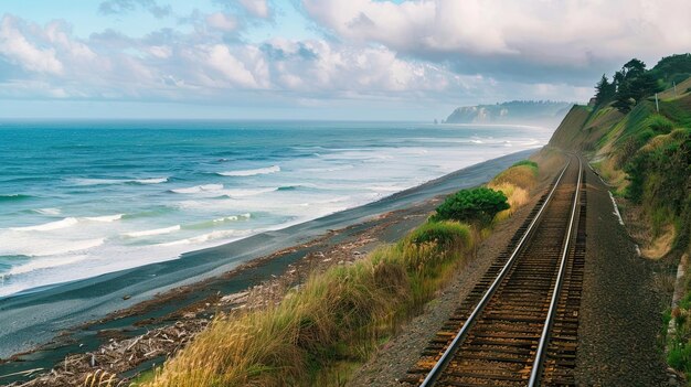 Photo railway tracks running along the coastline with mountains in the background train tracks running parallel to a coastline with ocean view generative by ai