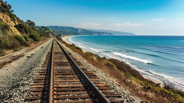 Photo railway tracks running along the coastline with mountains in the background train tracks running parallel to a coastline with ocean view generative by ai