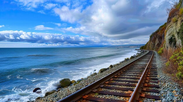 Photo railway tracks running along the coastline with mountains in the background train tracks running parallel to a coastline with ocean view generative by ai