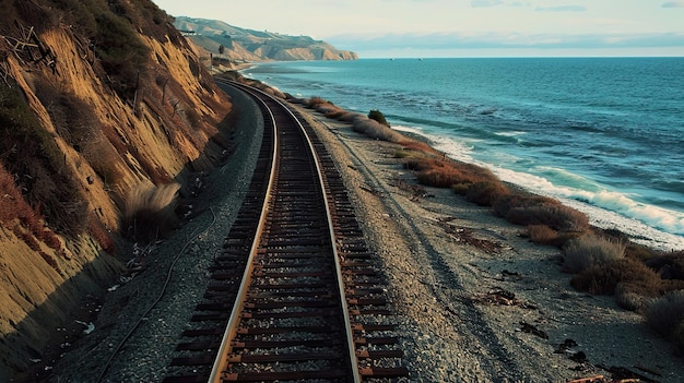 Photo railway tracks running along the coastline with mountains in the background train tracks running parallel to a coastline with ocean view generative by ai