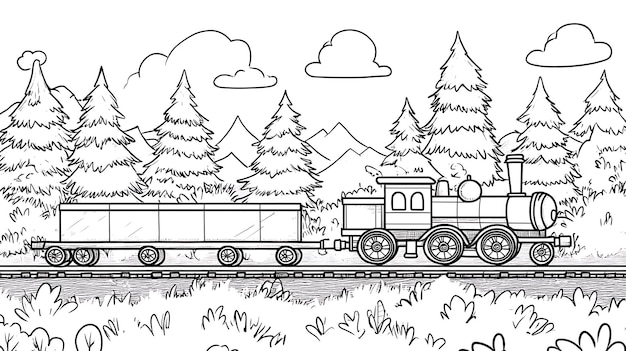 Photo railway and trees childrens coloring page simple line art