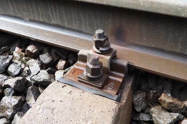 Railways Metal steel rails and wooden sleepers Rivets and fasteners on the railroad Stony backfill of railway tracks Station Nyrki Karelia