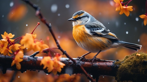 rain and bird in the cloudy autumn day gray and yellow