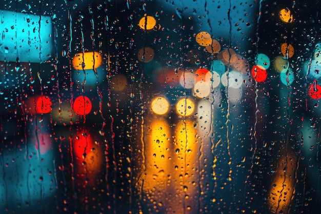 A rain covered window with traffic lights in the background Suitable for various projects and designs