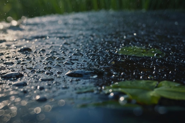 Photo rain droplets hitting the surface of a quiet pond