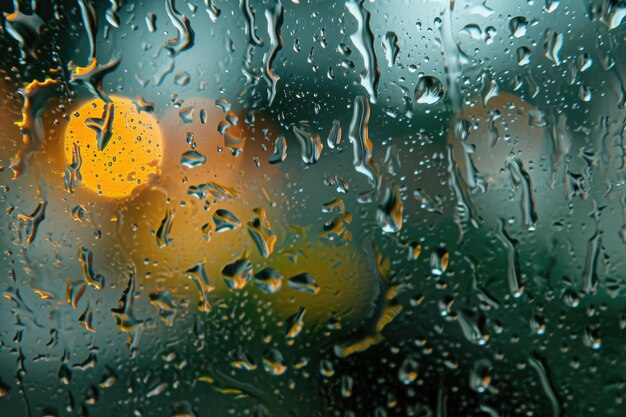 Rain drops can be seen on a window overlooking a traffic light capturing the urban environment amidst a rainy day Amorphous blobs in cooler tones suggesting raindrops on a window AI Generated