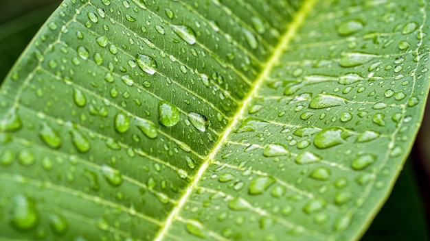 Rain drops closeup Garden plant leaf after the rain Morning dew on leaf