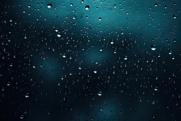 Rain drops on a dark background against a glass surface