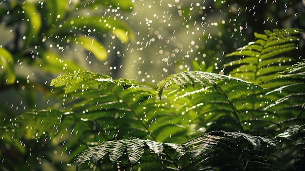 rain drops falling on a plant in the forest