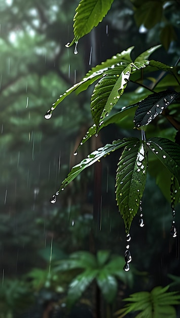 rain drops on a green plant in the forest