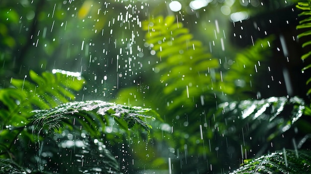 rain drops on a green plant in the forest