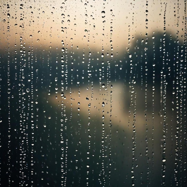 rain drops on a window pane with a city in the background