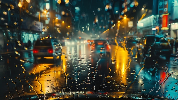 Photo rain drops on window windshield jaw drop in city at night travel generative ai