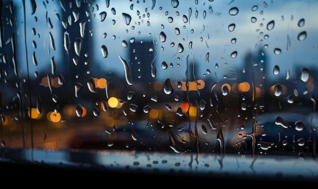 Rain drops on a window with a city in the background