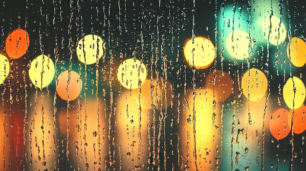 Rain Drops on Window with City Lights Blurred Background