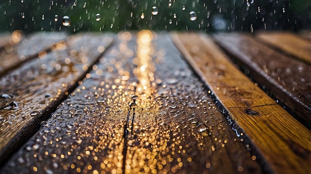 rain drops on a wooden table in the rain