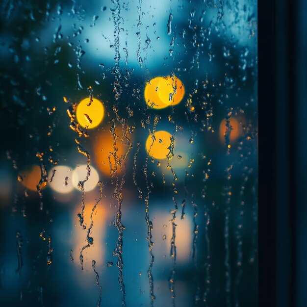 Photo rain falls on a window pane with blurred city lights visible through the droplets