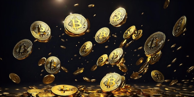 Rain of golden bitcoin coins on a dark background