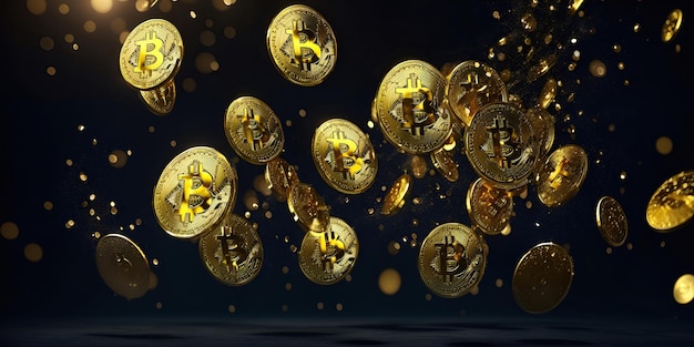 Rain of golden bitcoin coins on a dark background