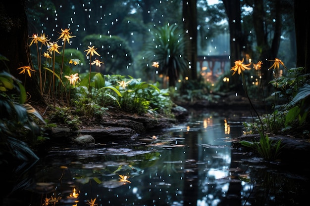 Rain of meteors illuminates botanical garden at night generative IA