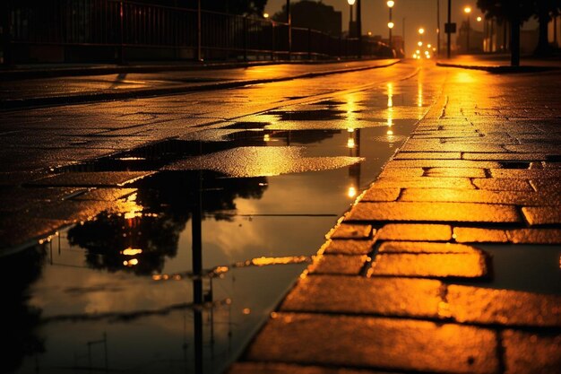 Photo rain puddles reflecting street lights