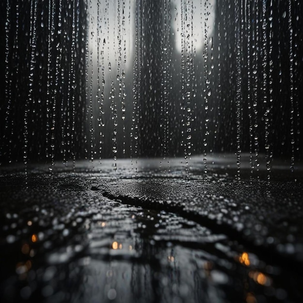 Photo a rain shower with raindrops on the ground and a light behind it