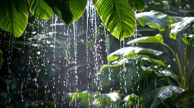 a rain shower with water drops on the leaves and a tree in the background