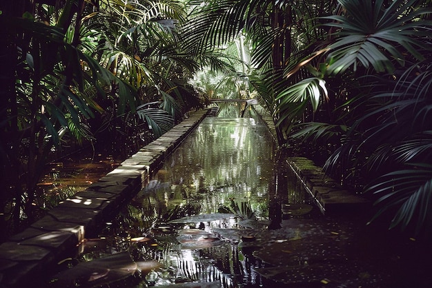 a rain soaked walkway is shown with a water path