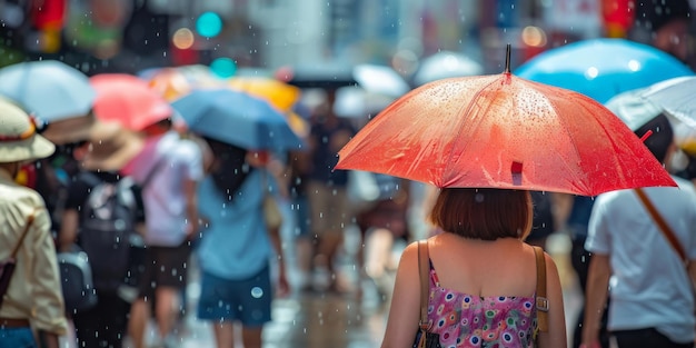 Rain of sunlight on a city street umbrellas open to protect against the heatwave