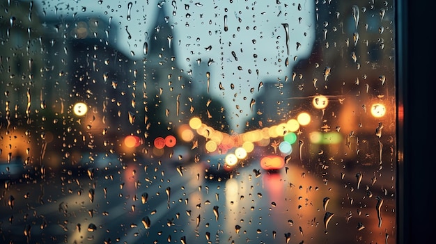 Rain on the window with a cityscape at night generated by ai