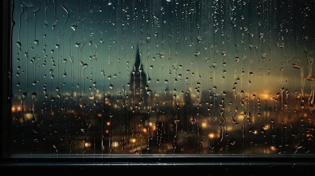 Rain on the window with a cityscape at night generated by ai