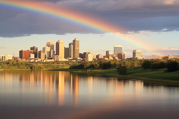 A rainbow appearing over a city skyline after a storm