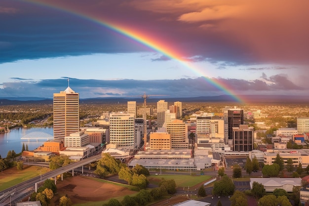 A rainbow appearing over a city skyline after a storm