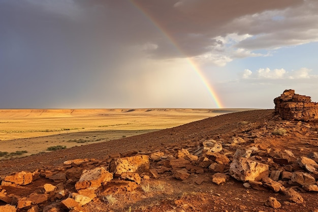 A rainbow appearing over a desert landscape