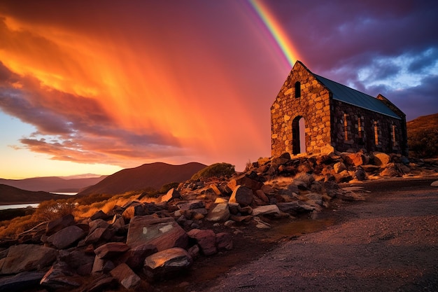 A rainbow appearing over a rural church at sunset