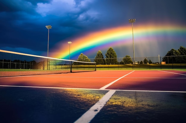 Rainbow appearing in the sky over a pickleball game adding a magical touch